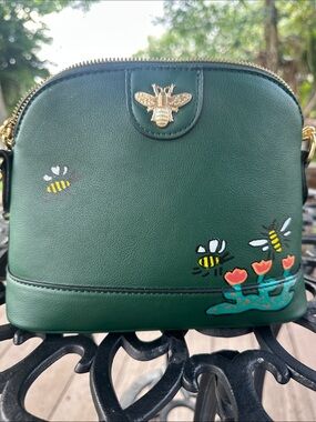 Green Bee-Accent Crossbody Bag with Floral Detail